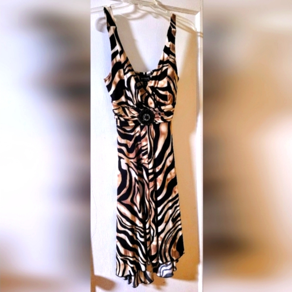 Sexy Zebra striped swirl, black, brown, white, flattering, sleeveles dress